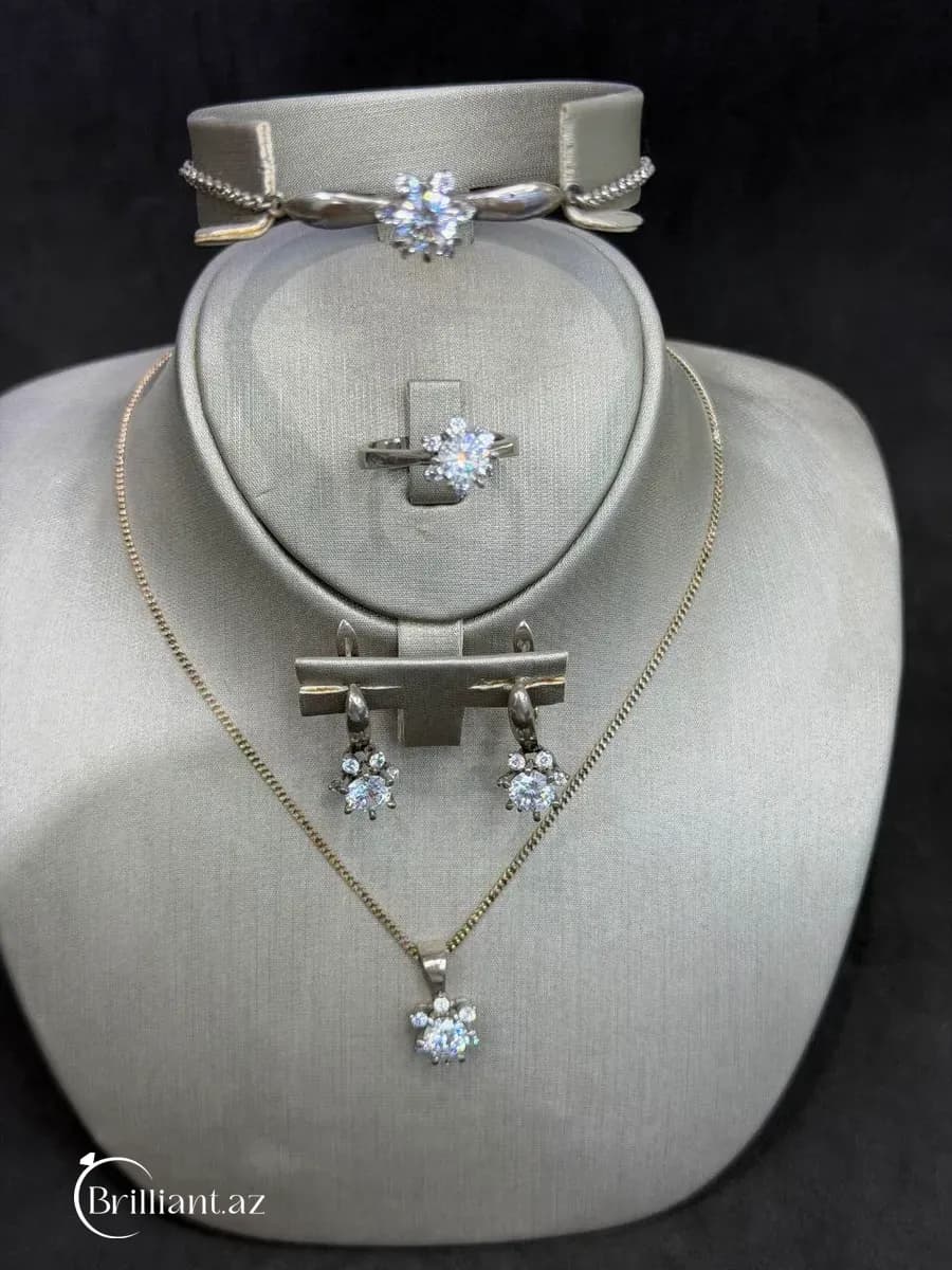 Snowflake / Flower Solitaire Sterling Silver CZ Jewelry Set