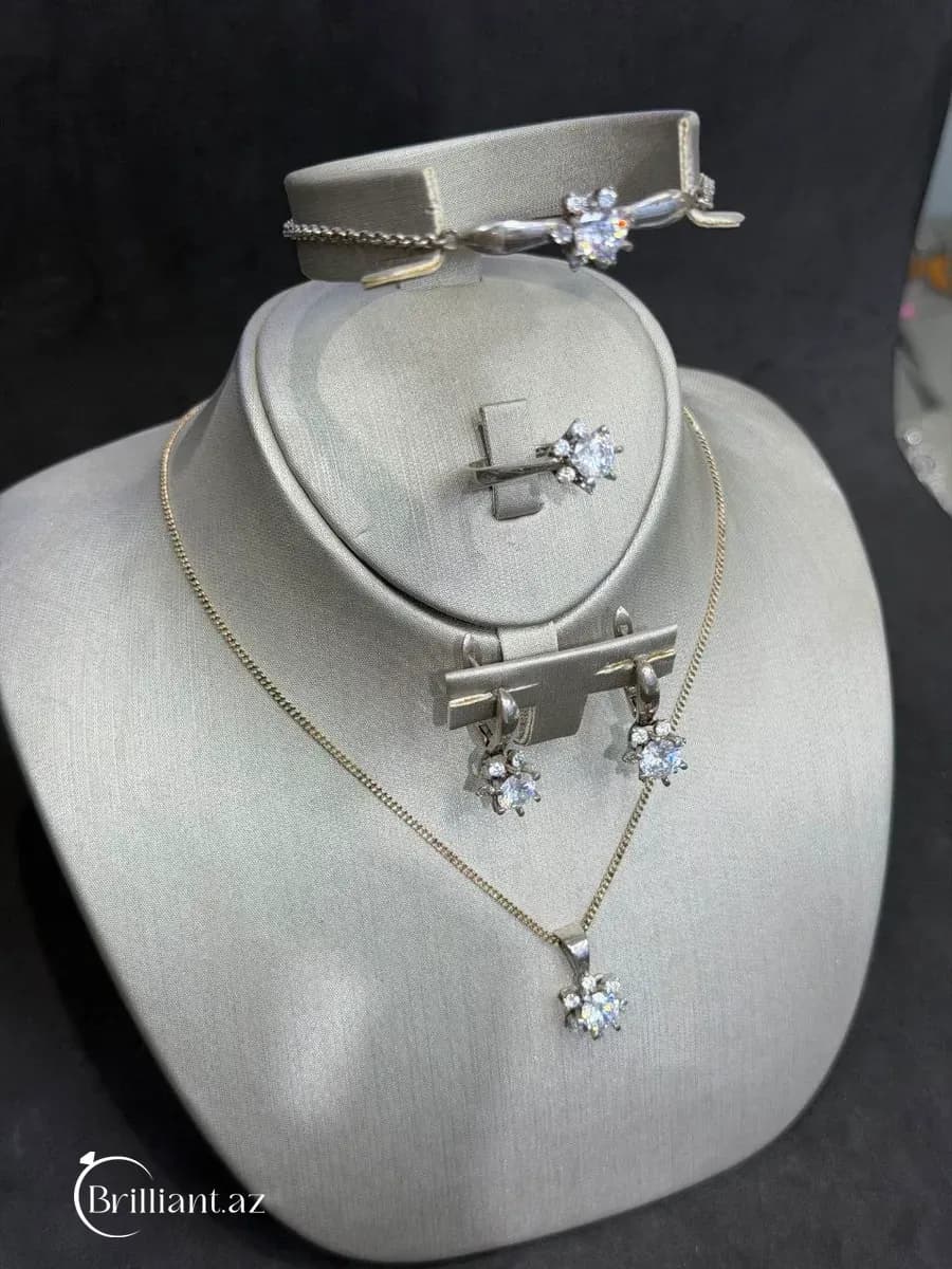 Snowflake / Flower Solitaire Sterling Silver CZ Jewelry Set