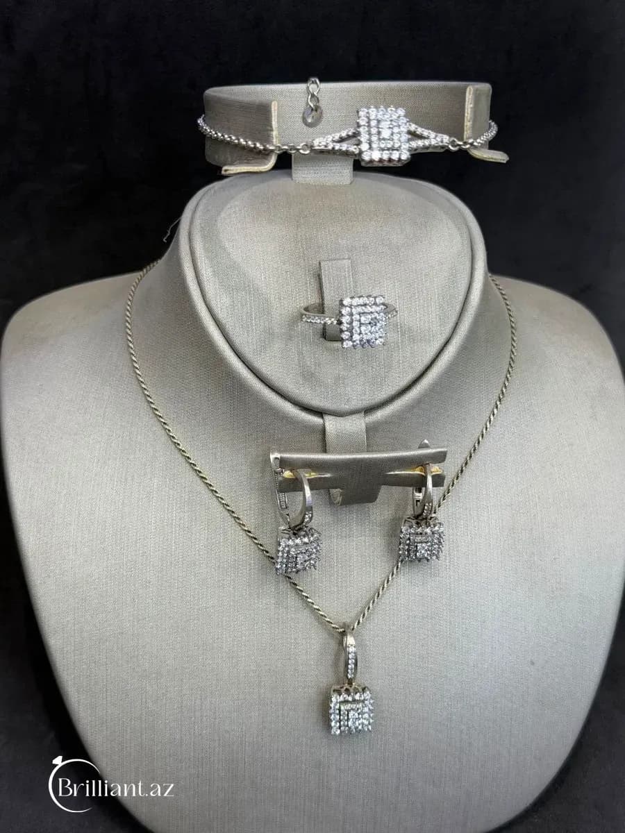 Rectangular Emerald Cut Baguette Halo Sterling Silver Jewelry Set