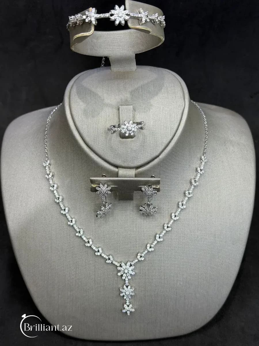 Floral Starburst Cascade Sterling Silver CZ Jewelry Set