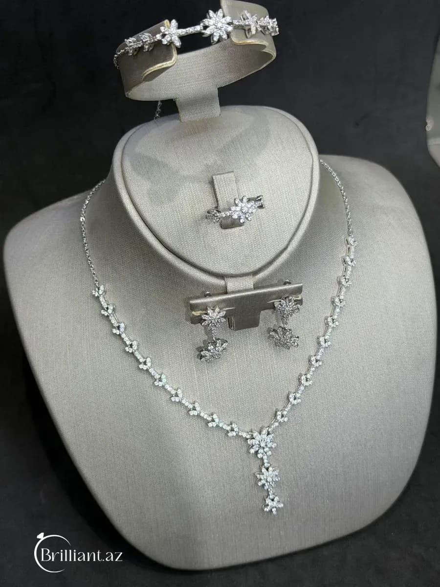 Floral Starburst Cascade Sterling Silver CZ Jewelry Set