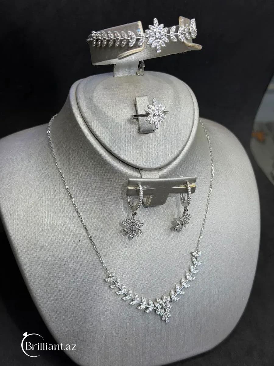 Floral & Leaf Cluster Sterling Silver CZ Jewelry Set