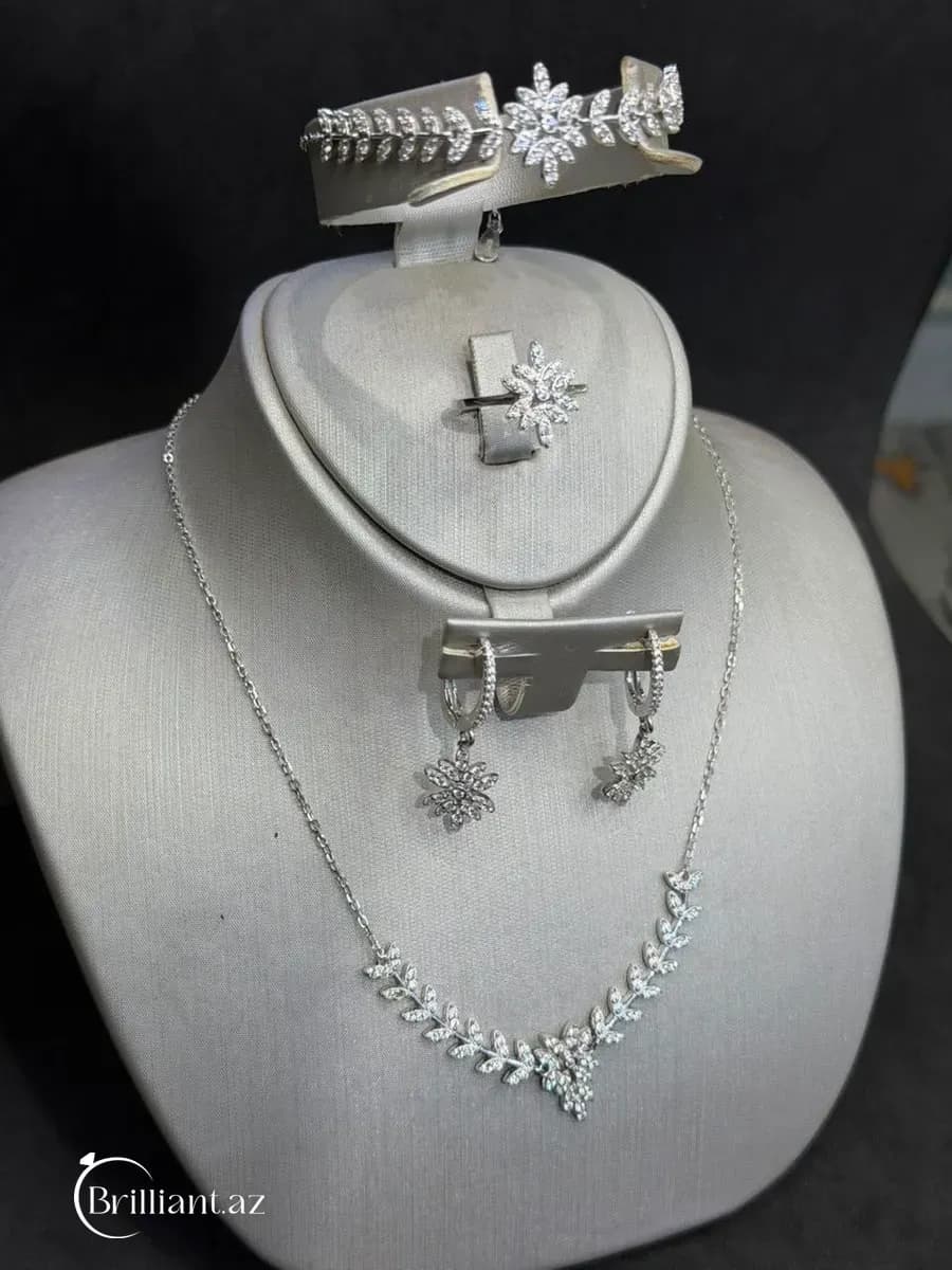 Floral & Leaf Cluster Sterling Silver CZ Jewelry Set