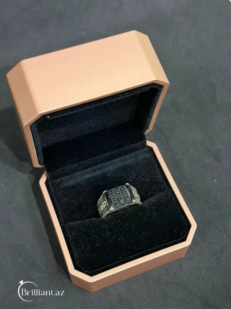 Classic Men's Silver Ring with Striped Black Stone Inlay
